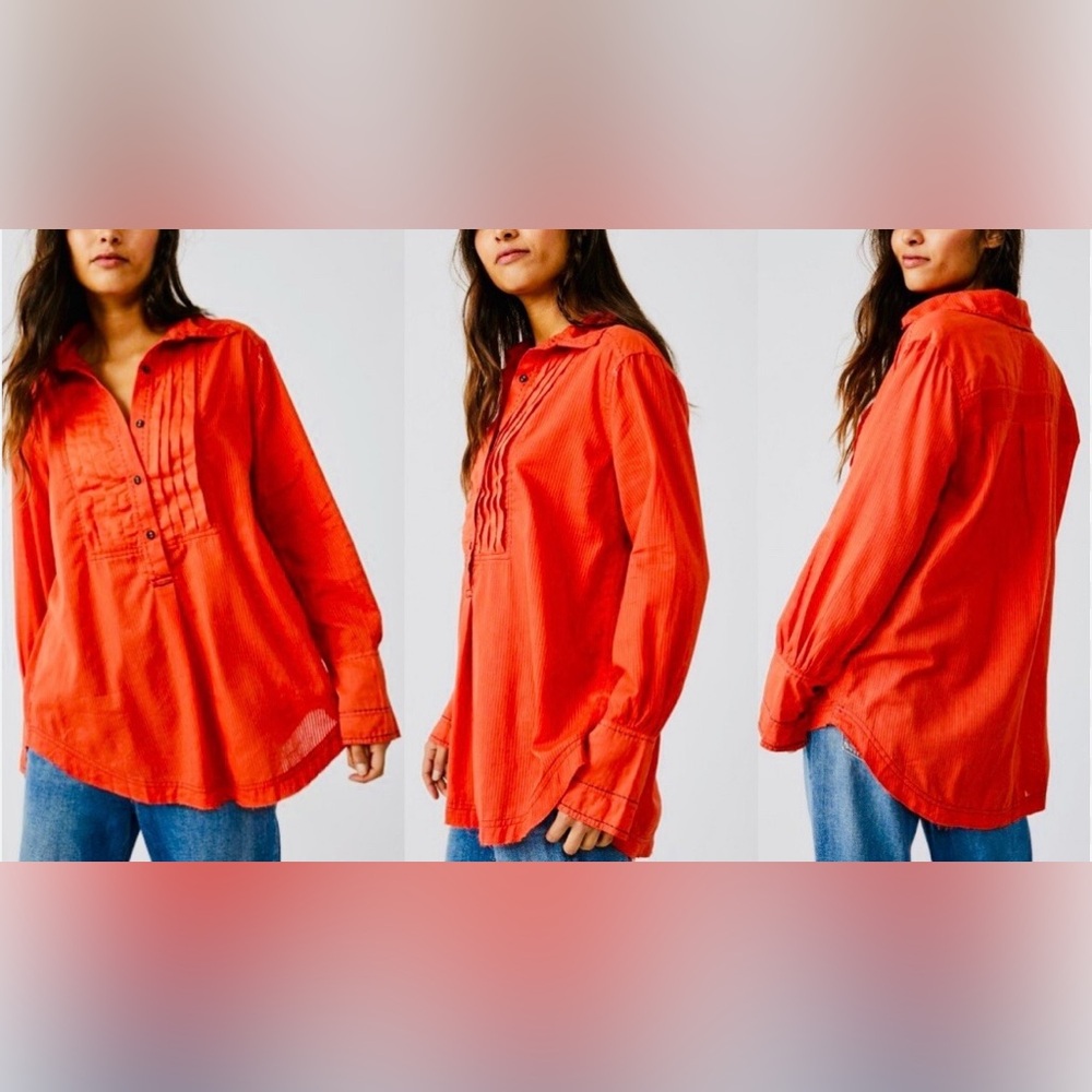 We The Free People Black Tie Tux Shirt Tiger Red Cotton Large Boho Women's